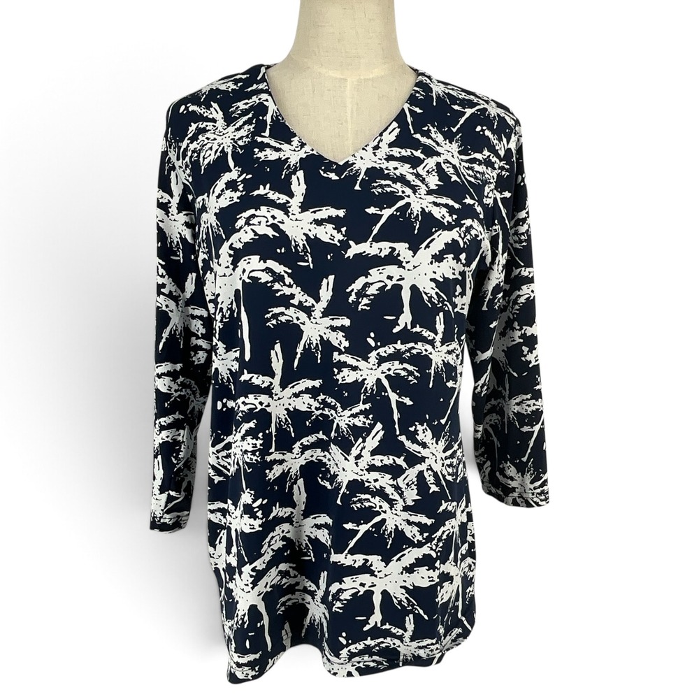 Anthony's Resort Wear Blue White Palm Tree V-Neck 3/4 Sleeve Top M Rashguard